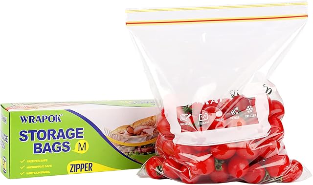 WRAPOK Medium Freezer Bags Ziplock Reusable Sandwich Plastic Food Bags - 9.8 x 8.7 Inch (50 Count)