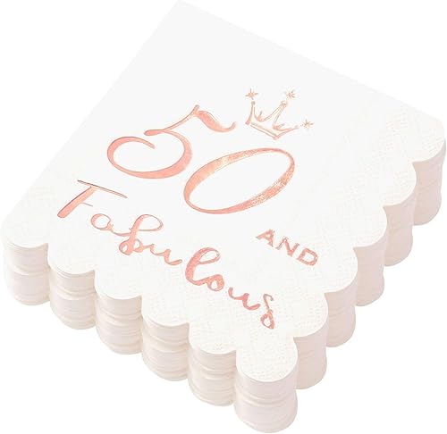 Servilletas de cóctel de 50 y fabulosas color oro rosa, decoraciones de cumpleaños número 50 para mujer, servilletas desechables plegadas de 5 x 5