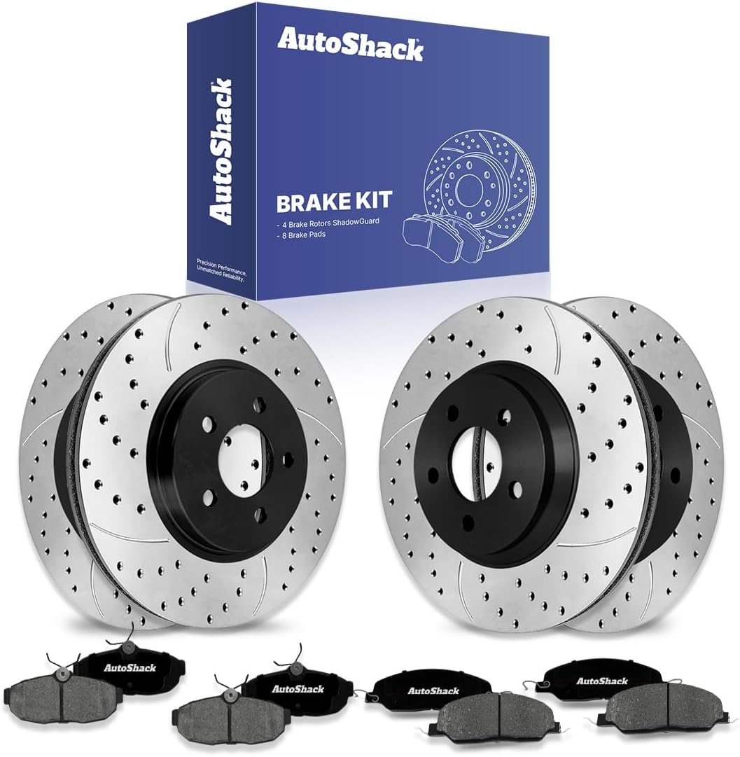 AutoShack Front Vented & Rear Vented Drilled & Slotted E-Coated Brake Rotors + Ceramic Pads 12-PC Brake Kit Replacement for 2005-2010 Ford Mustang ShadowGuard