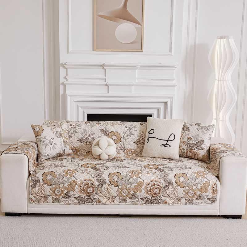 Image of HOMETHREADS Premium Style Anti Slip Sofa Cover Set | Cotton Sofa Slipcover | 1Pc Front Cover with Attached Armrest + 1Pc Back Cover (Coffee Rose, 2 Seater | 120x185cm)