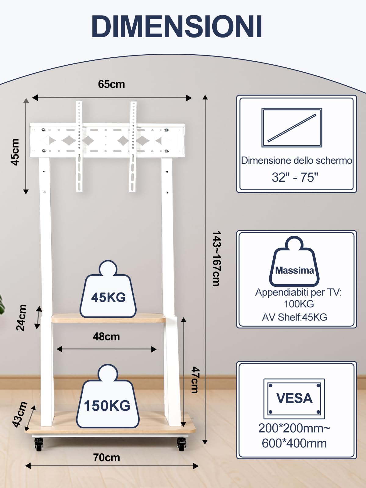 Supporto TV da pavimento da 32-75 Pollici, porta TV da terra mobile Compatibile don TV Piatti E Curvi Led/Lcd/Oled. Altezza Regolabile, con Base In Legno e Capacità di Carico Fino a 45 Kg. Bianco