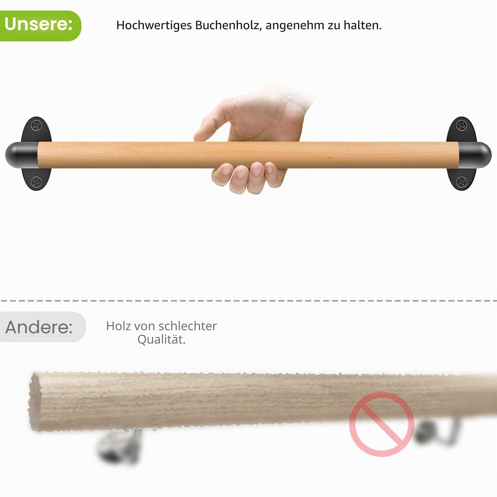 SELEWARE 26 Zoll Holz Handlauf Indoor-Treppen Handlaufs Wandmontage Handlauf w/robuste Metall-Halterungen, Barrierefreie Treppe Haltegriff für ältere Menschen, 1,3 Zoll rund