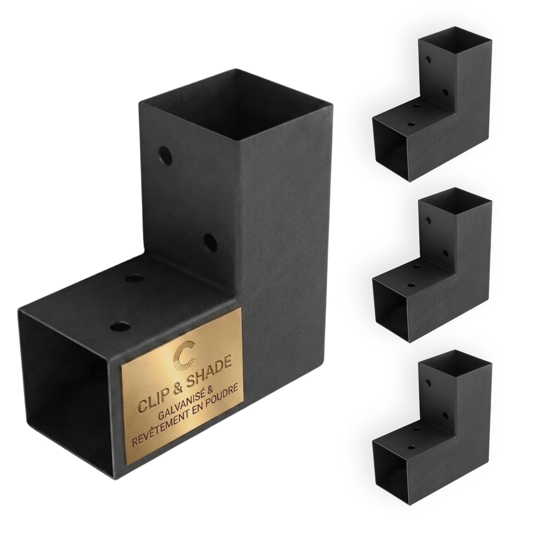 CLIP & SHADE - Juego de 4 soportes para postes de madera, 100 x 100 cm, conector de esquina en L de 2 vías para postes de madera, zapatos de vigas 10 x 10, galvanizado y recubierto de polvo, conector
