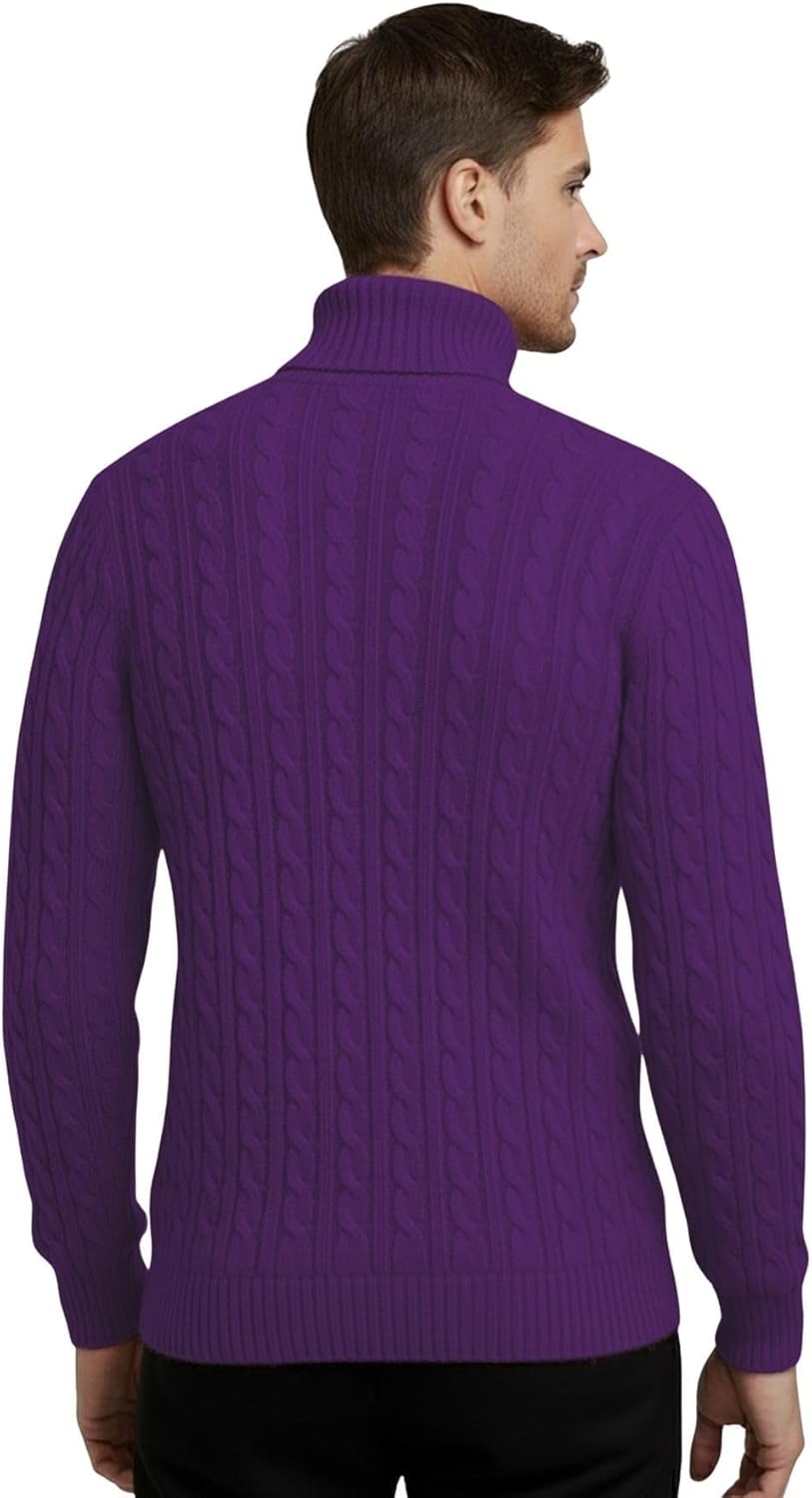 Janisramone® Mens High Polo Roll Neck Jumper, Long Sleeve Cable Knitted Pullover Mens Sweater, Casual Turtle Neck Jumper Purple