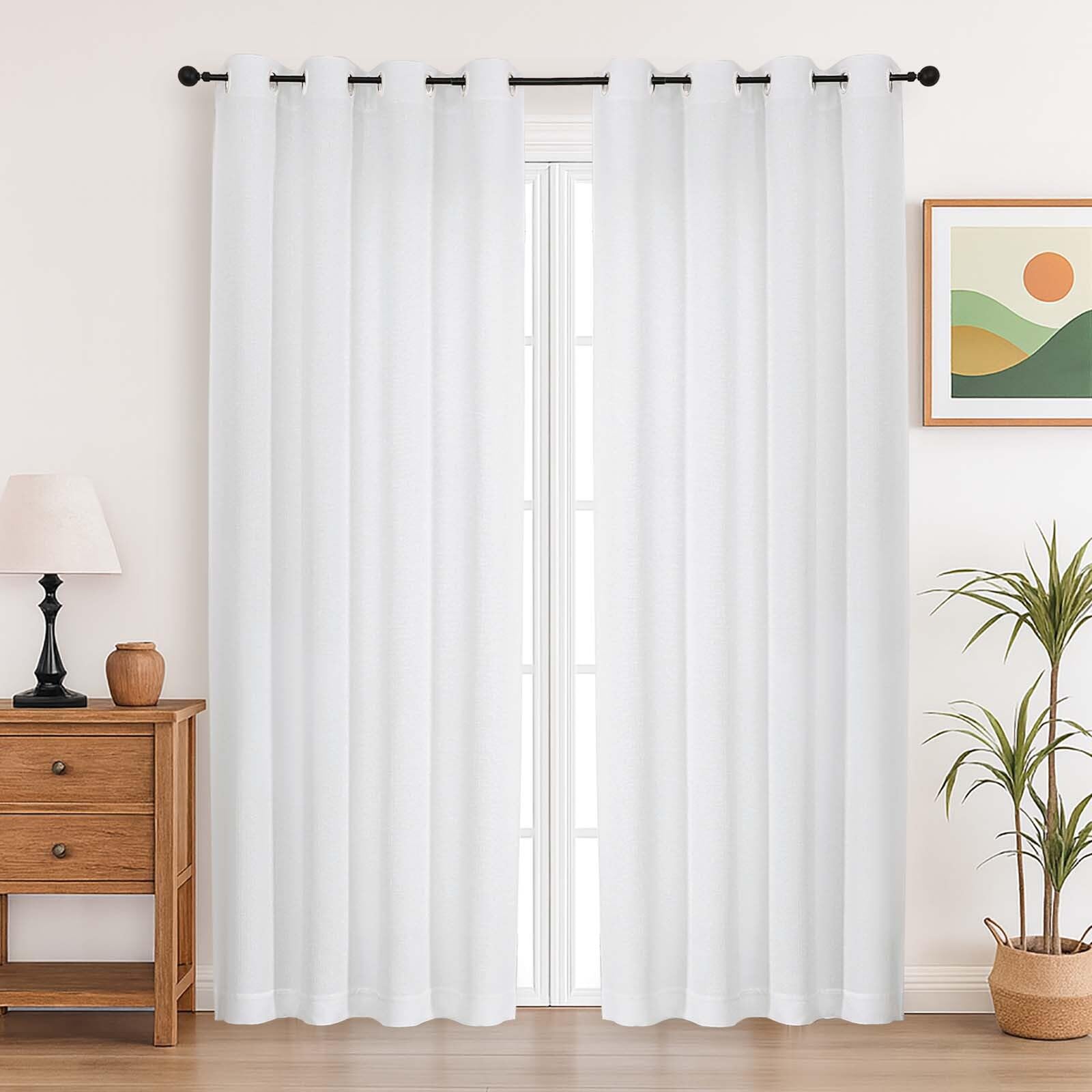 Simplebrand White Curtains 220CM Long 2 Panels Set, Light Filtering Faux Linen Textured Soft Airy Window Door Curtains for Living Room Bedroom, Thick Modern Privacy Eyelet Drapes, 140 Wx220 L cm, 2Pcs
