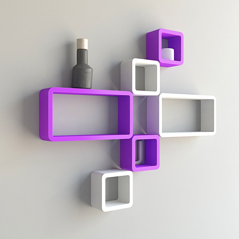 Royal Handicrafts DecorNation Wall Shelf Set of Six Cube Rectangle Designer Wall Rack Shelves - Purple & White