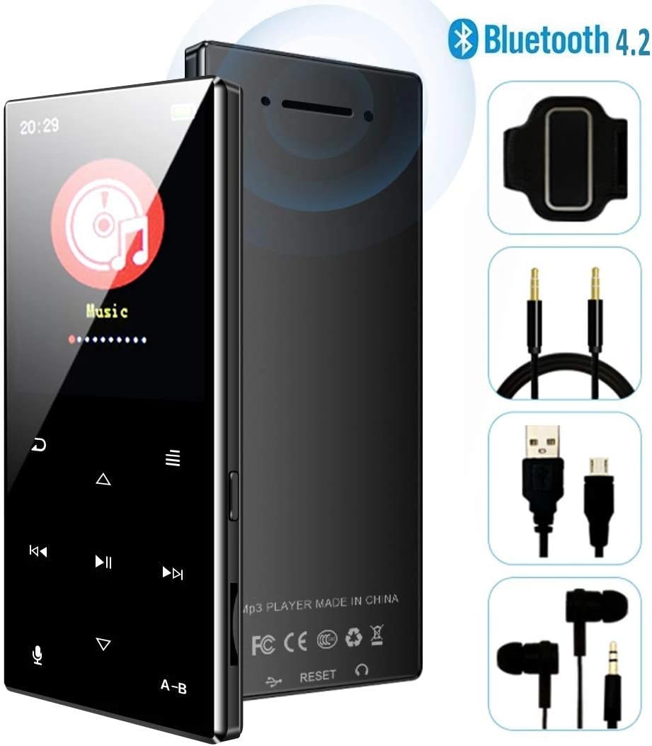 MP3 Player - 2019 New Updated Model, Bluetooth 4.2 Metal Touch Button Sports Music Player, 65 Hours Playback, Build in Speaker, HiFi Sound Voice Recorder FM Radio, Expandable 128GB TF Card (H29Black)
