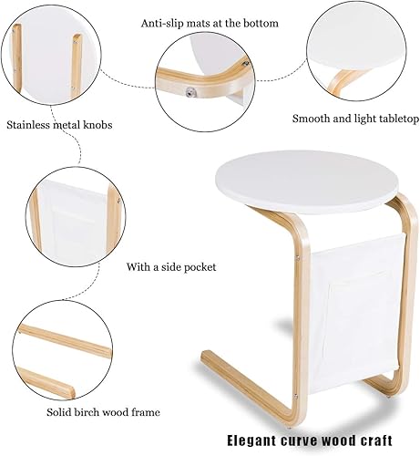 Miniatura 5 de KOTEK Mesa auxiliar con bolsa de almacenamiento, mesa auxiliar de sofá con mesa redonda, mesa auxiliar de madera para aperitivos, mesa auxiliar para