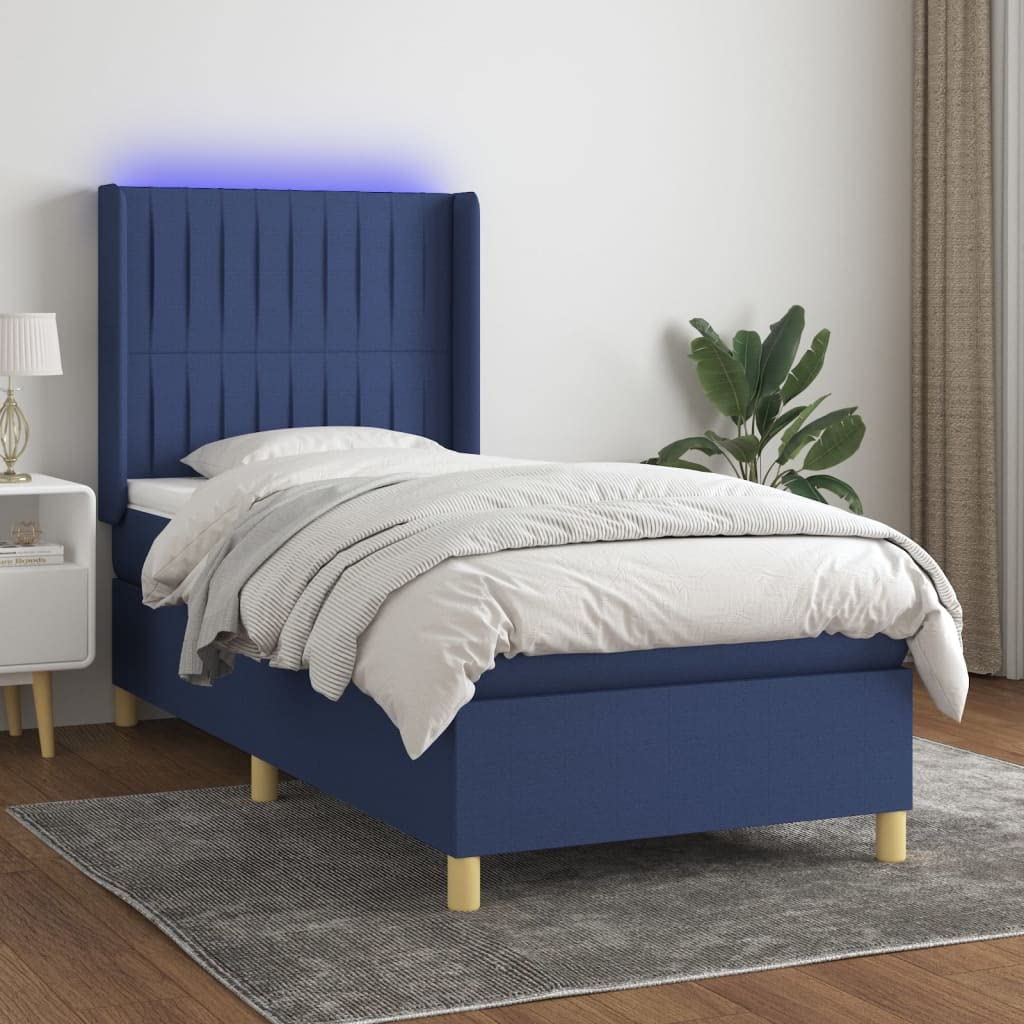 Cama con somier con colchón y tiras LED azul, 100 x 200 cm, cabecero de tela transpirable, altura regulable, comodidad para dormir para jóvenes y adultos