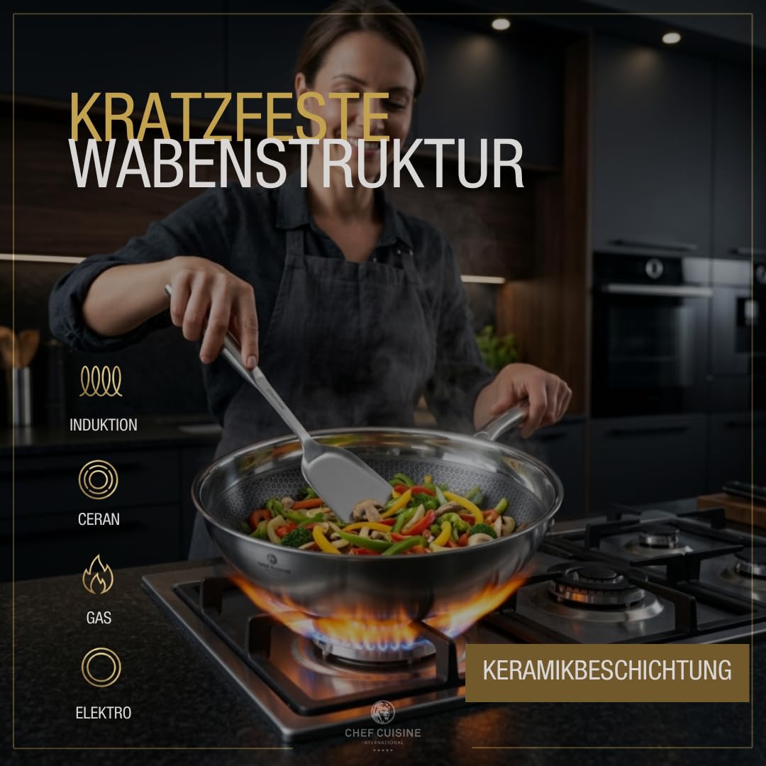 Wokpfanne 28cm Edelstahl Honeycomb Keramikbeschichtung Antihaft Induktion | Kratz-/schnittfest, Antihaft, hohe Wärmeleitfähigkeit, Edelstahlwaben schützen die Keramik, Induktion, spülmaschinengeeignet