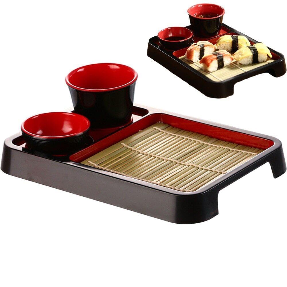Fituenly As Shown Japanese Soba Noodle Plates With Bamboo Look Drain Mat Lacquered Sushi Serving Trays Set With Small Sauce Dish Dinnerware, Sashimi Plate