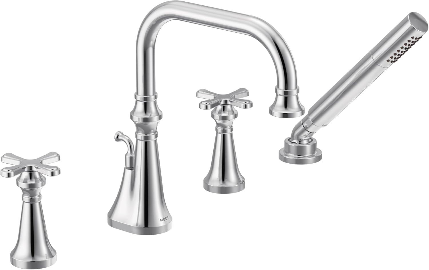 Moen TS44506 Colinet Two Handle Deck-Mount Roman Tub Faucet Trim with Cross Handles and Handshower, Valve Required, Chrome