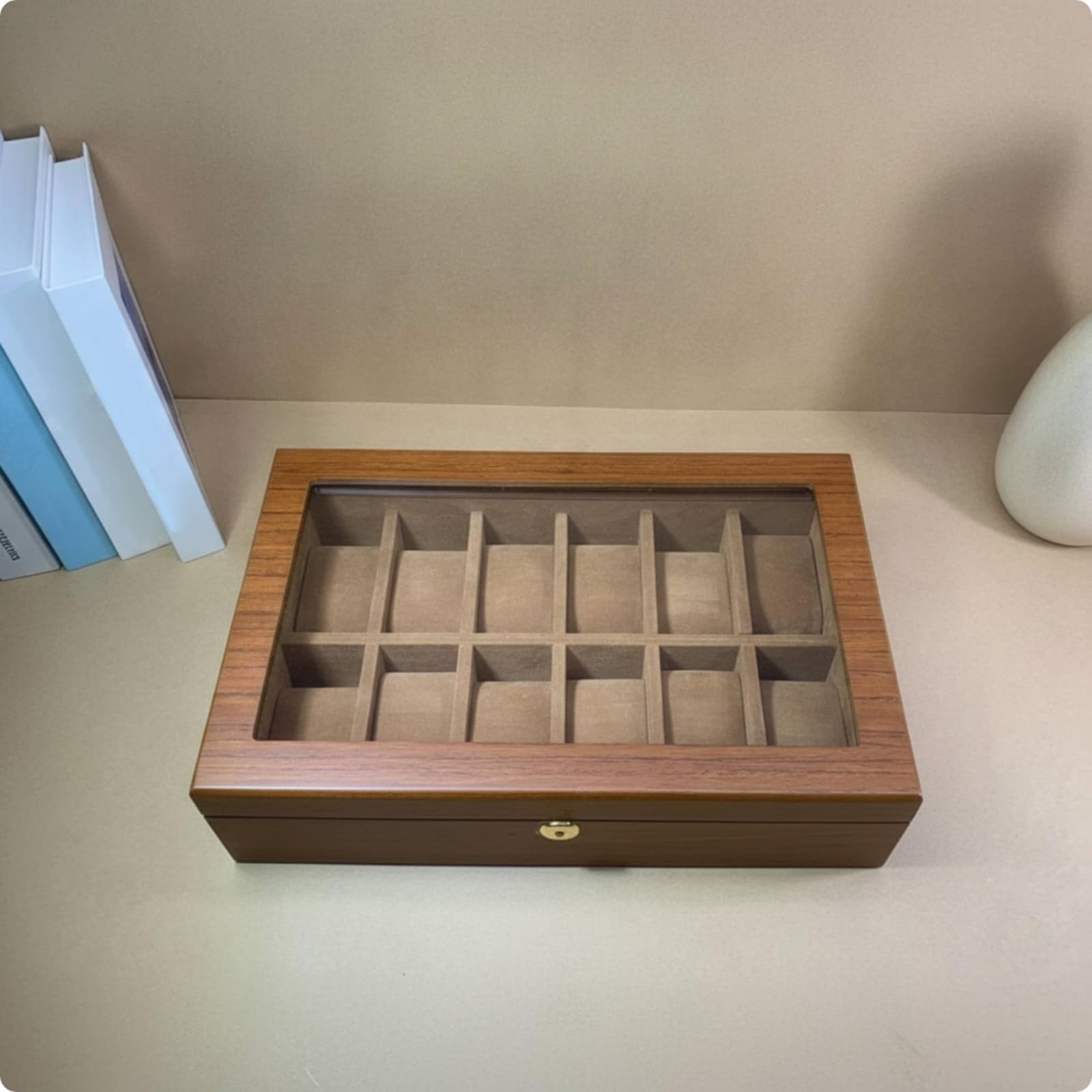 Caja Relojes Acolchado Estuche con Tapa Transparente Organizador para Coleccionistas, Caja De Madera De Nogal De 12 Ranuras