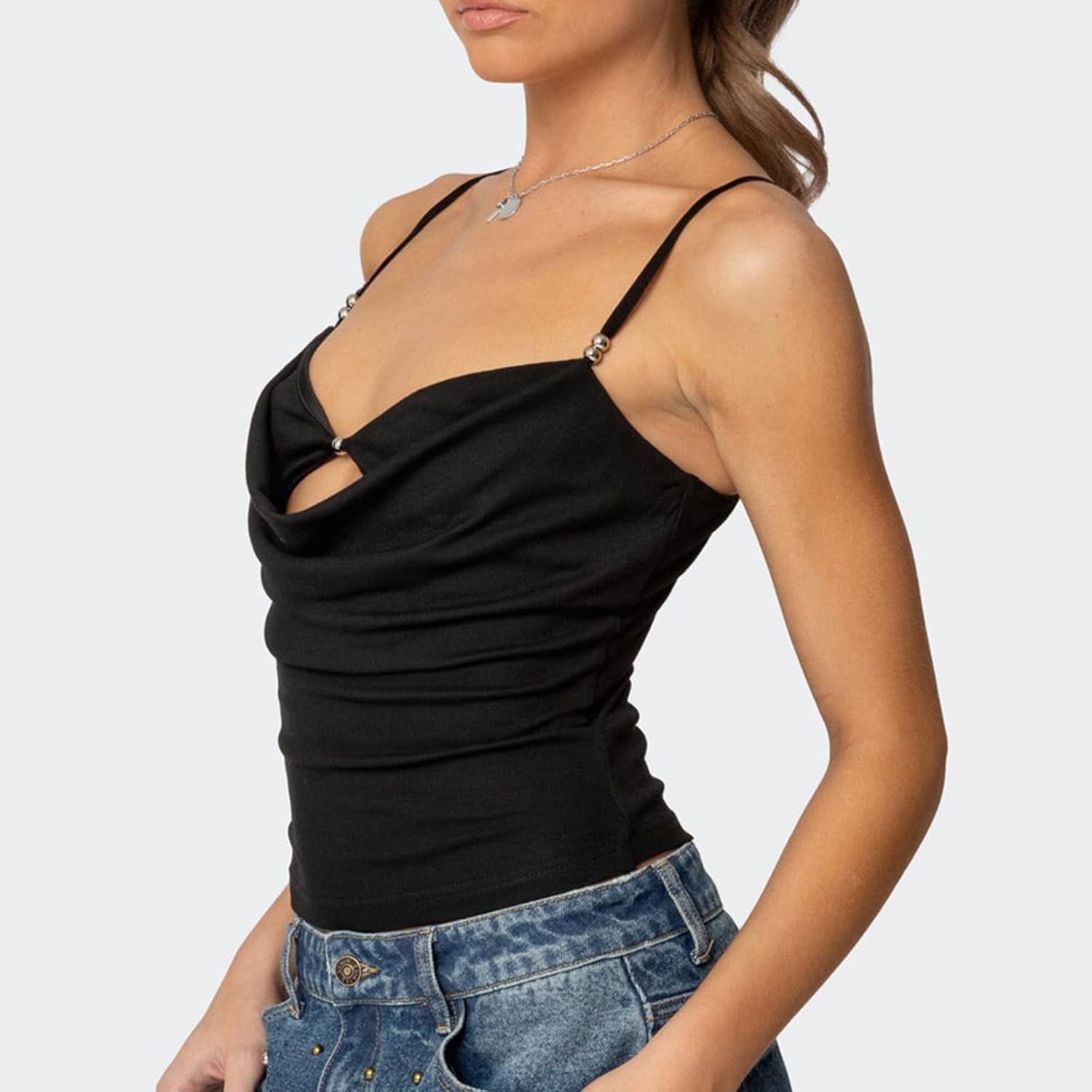 Women Y2K Spaghetti Strap Tank Top Sleeveless Draped V-Neck Neck Hollow Out Front Solid Color Slim Fit Crop Camisole - Image 6