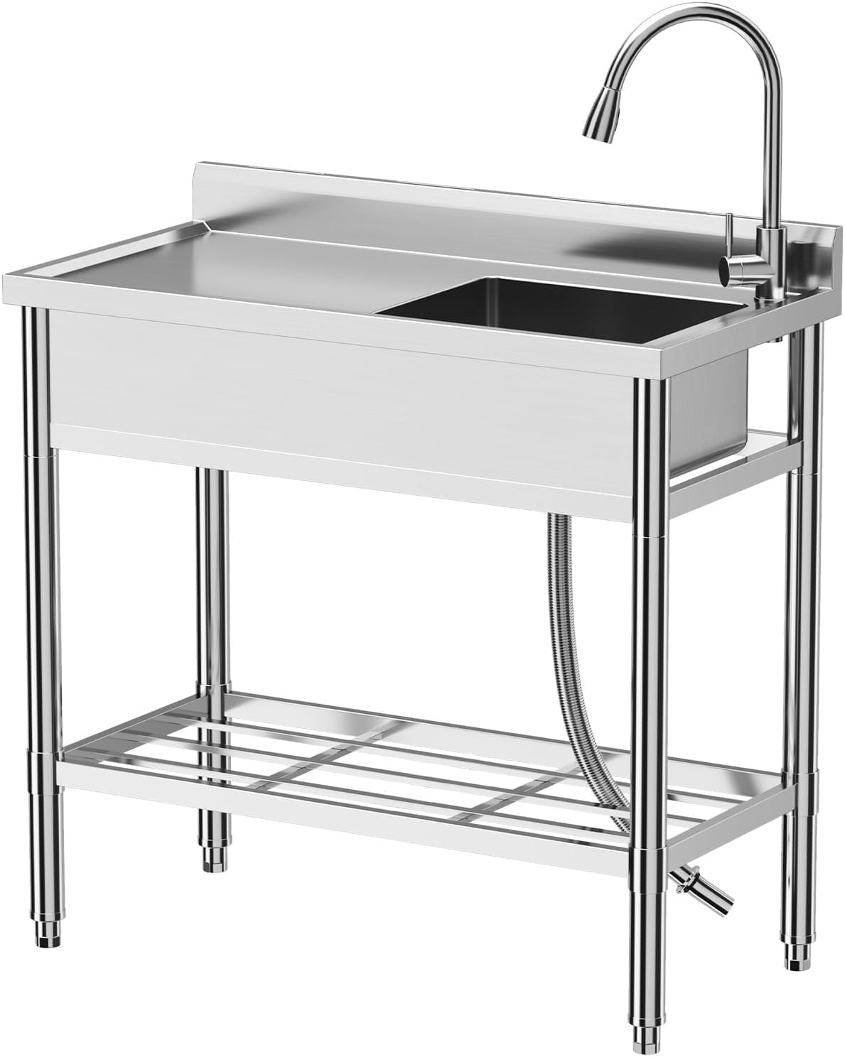 Utility Sink Free Standing Single Bowl Kitchen Sink with Cold and Hot Water Pipe Stainless Steel for Laundry Room Bathroom Farmhouse, NSF Certified (