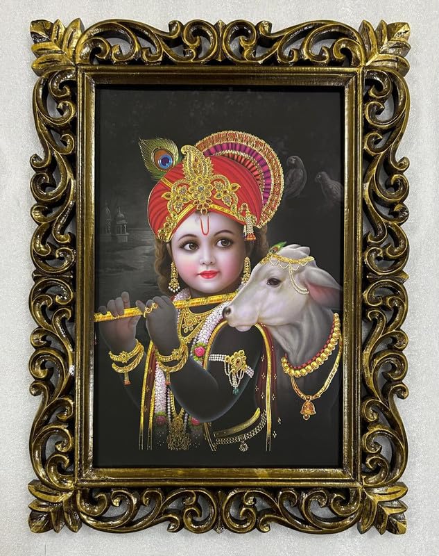 Cadre photo Bal Krishna et vache en bois sculpté et finition Duco haut de gamme