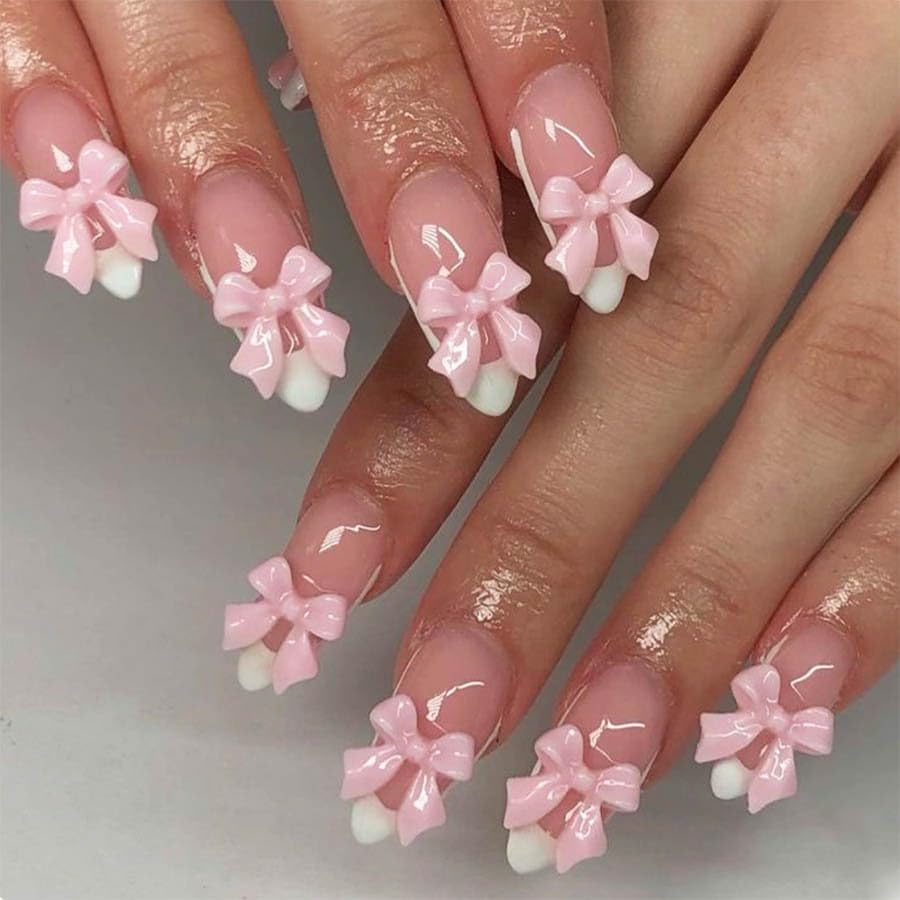 24Pcs Pink Bow Press on Nails Medium Almond Shaped False Nails Wh...