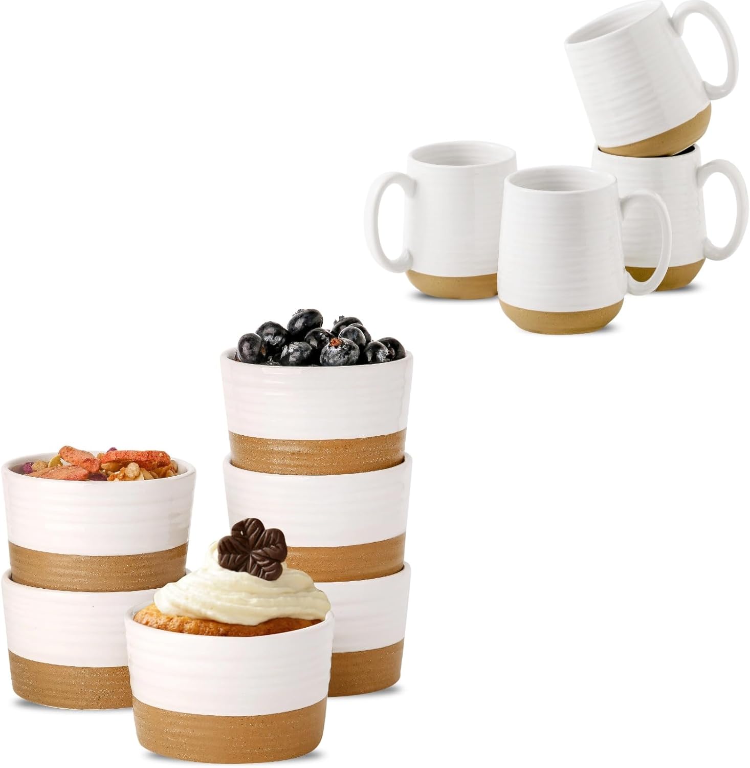 Hasense Ceramic Ramekins & Coffee Mugs, 8 oz & 15 oz, Microwave & Dishwasher Safe