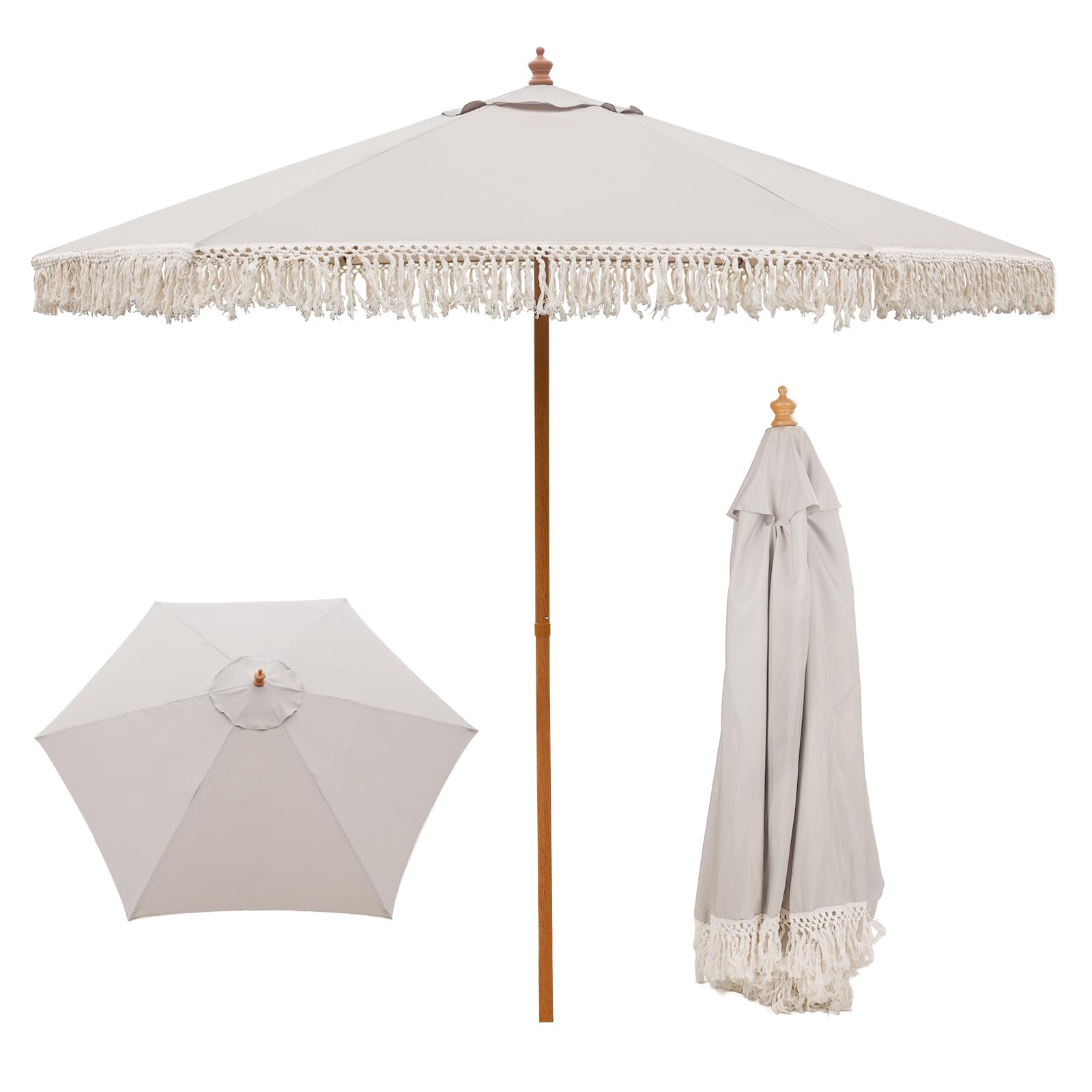 Photo 1 of 9 FT Patio Umbrella with Fringe,Fringe Portable Beach Umbrella,Heavy-Duty Metal Frame,6 Ribs with Ventilated Canopy,UV Protection & Waterproof, Suitable for Garden,Deck,Pool,Patio Table