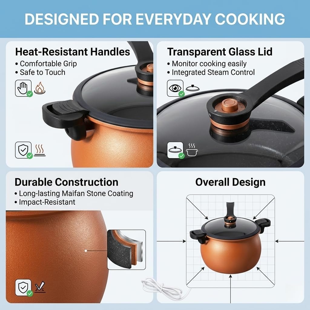 8QT Micro Pressure Cooker Pot, Large Capacity Non Stick Cooking Pot with Low Pressure Steam Valve, Family Size Stew Pot for Soup, Noodles, Compatible with Gas, Induction & Electric Stovetops (Orange)