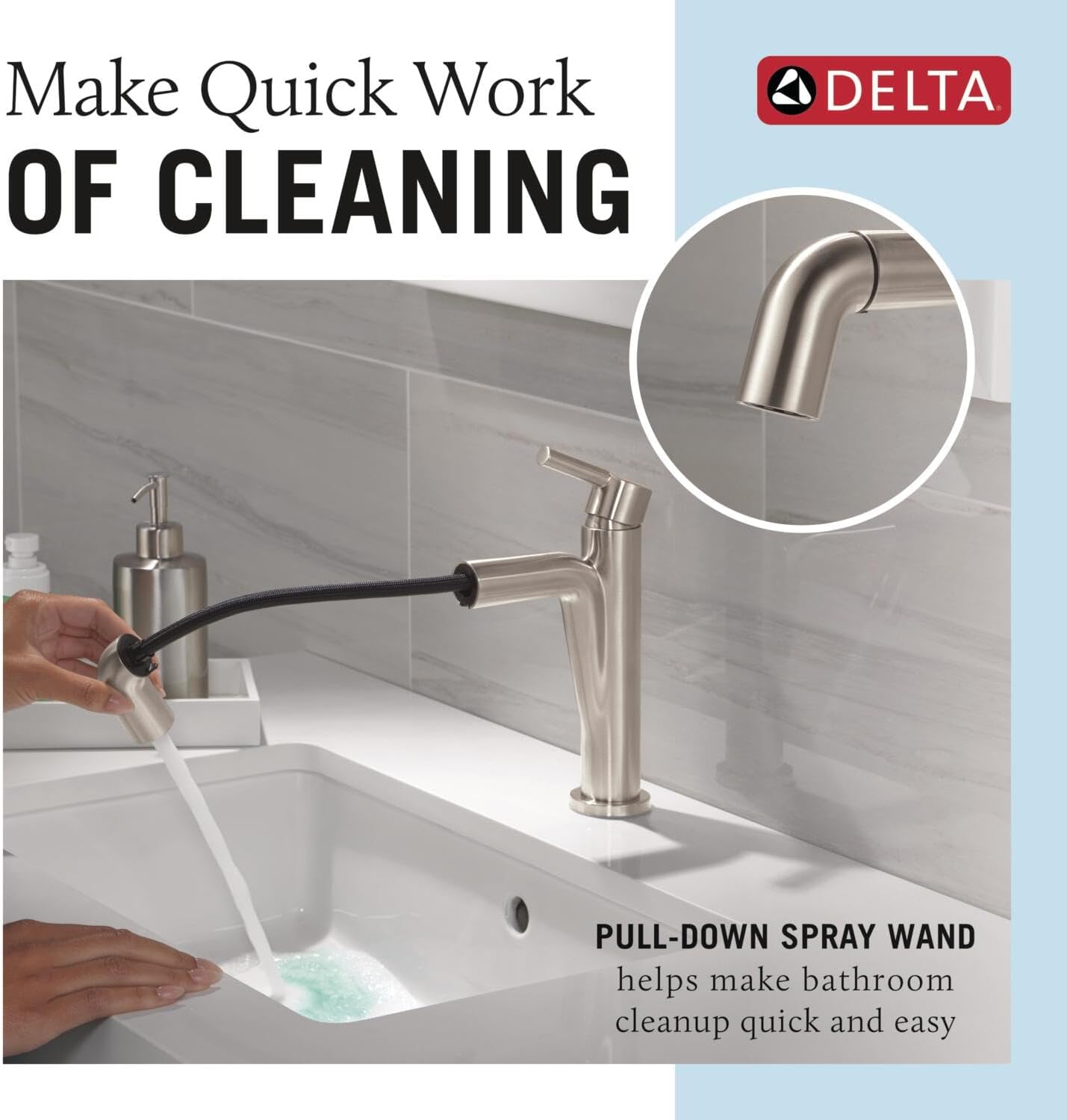Delta Nicoli 1 Hole Pull Down Bathroom Faucet with Sprayer, Brushed Nickel Single Hole Bathroom Sink Faucet with Pull Out Sprayer for Vanity, Push-Pop Drain, Stainless 15849LF-SSPD - Image 2