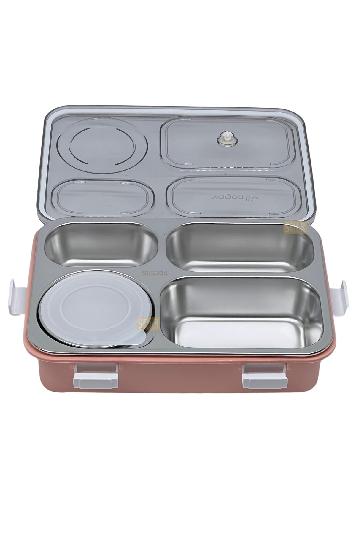 Vagonlife Bento 850ml Lunchbox Tek Katlı 4 Bölmeli ve Kaseli Çelik Sefer Tası Yemek Kutusu (Pembe)