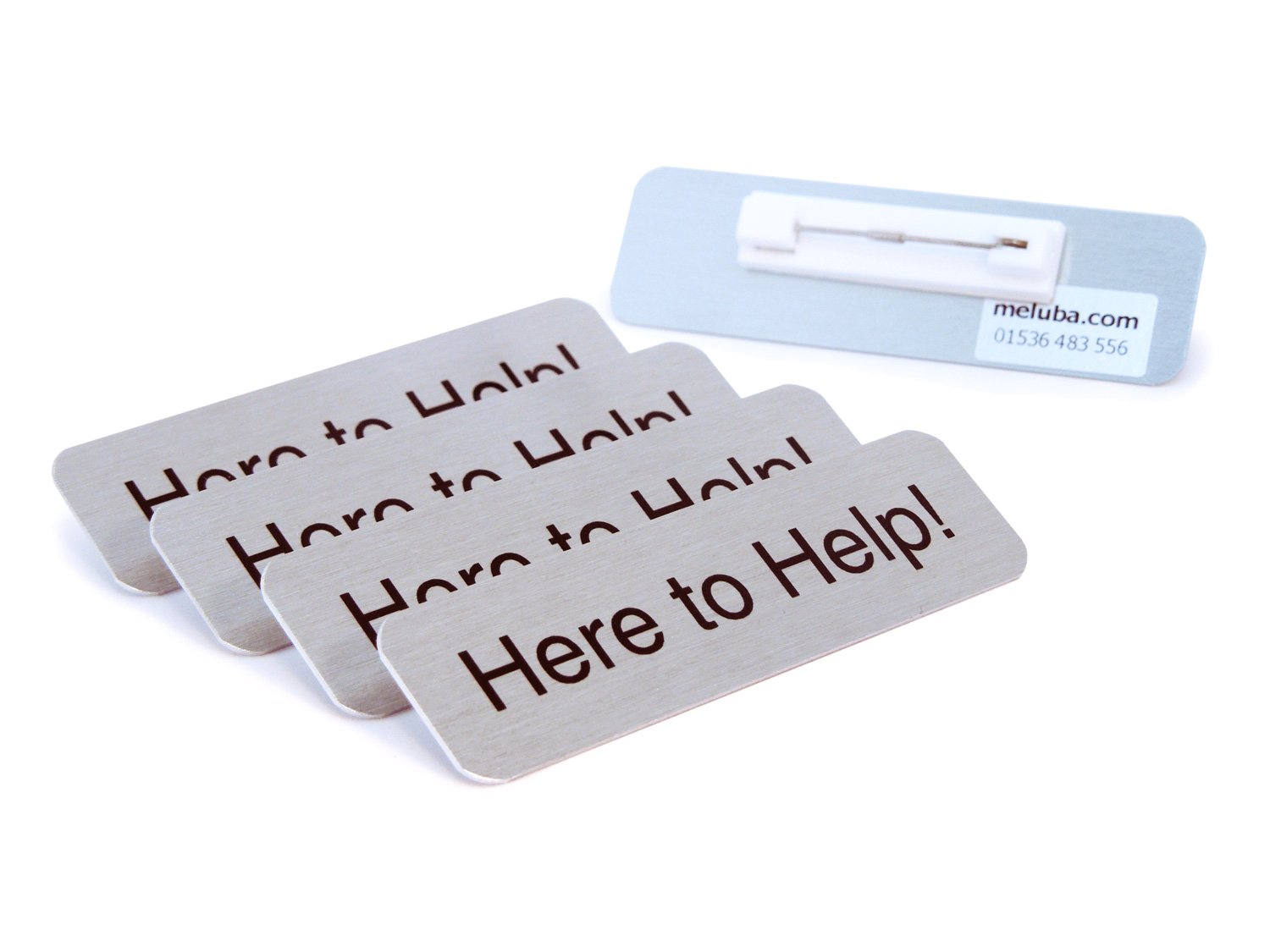Meluba Badges | Here to Help Badge - Brushed Silver Aluminium with Pin Fitting - 70x20mm [Pack of 5]