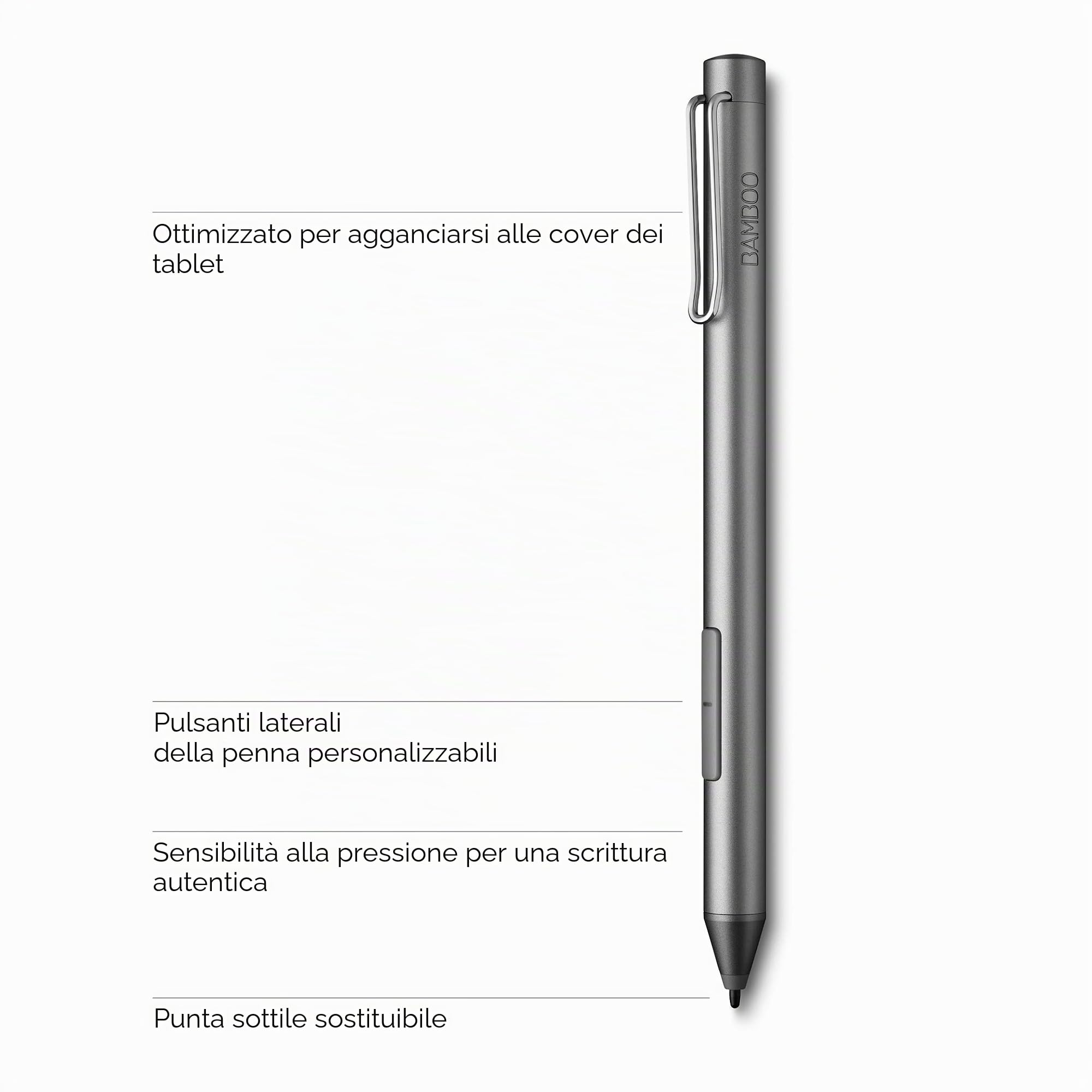 Bamboo Ink Active Penna Digitale, 2a Generazione, 4.096 Livelli di Pressione per Dispositivi Touchscreen Microsoft Windows 10, Certificati Windows, Grigio