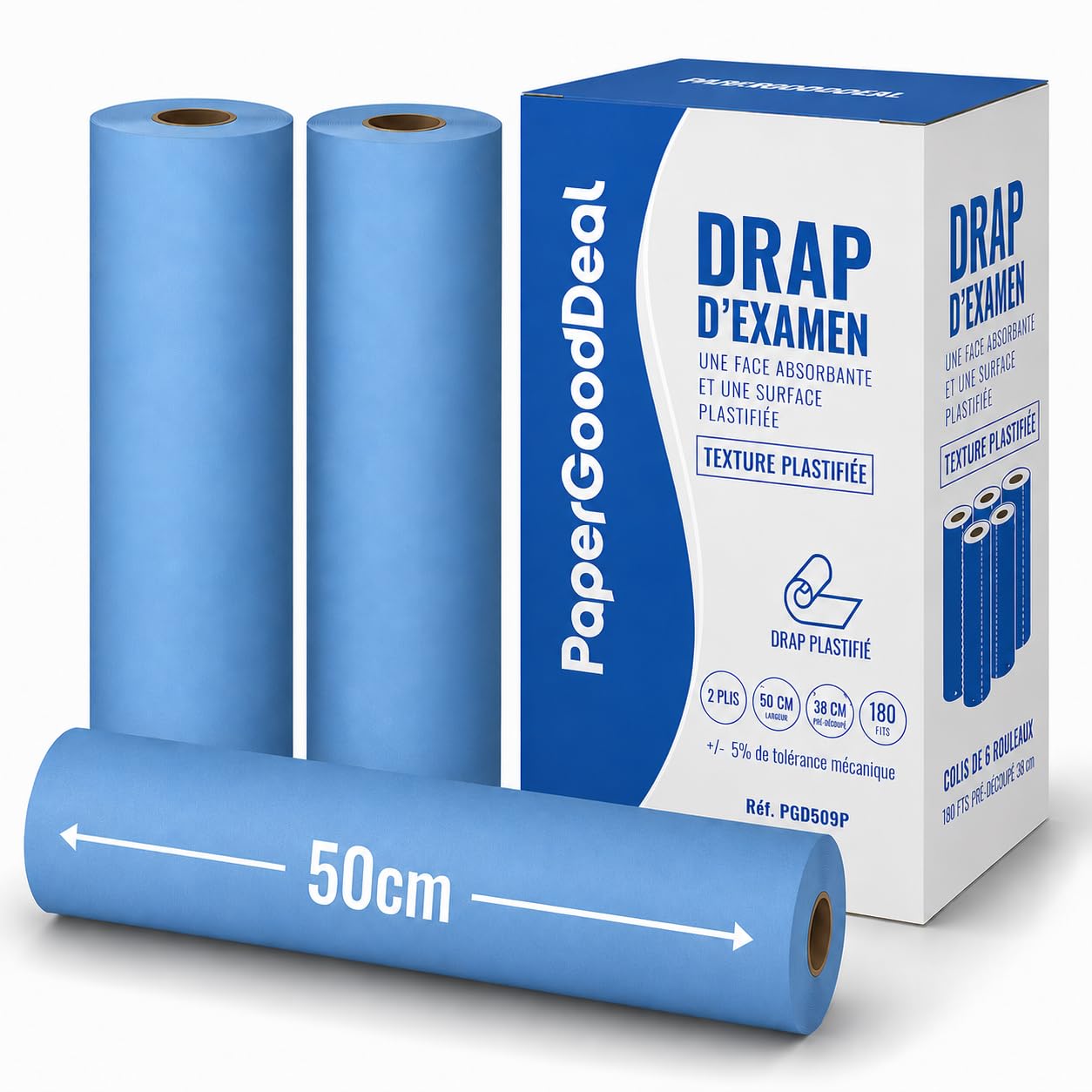 Draps d'examen plastifiés bleus 50 cm – 180 formats – 1 face imperméable / 1 face absorbante – Colis de 6 rouleaux