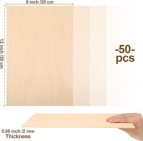 Miniatura 2 de 50 hojas de madera de tilo de 8 x 12 pulgadas, 0.079 in de grosor, hojas de madera fina rectangular sin terminar con superficies lisas para