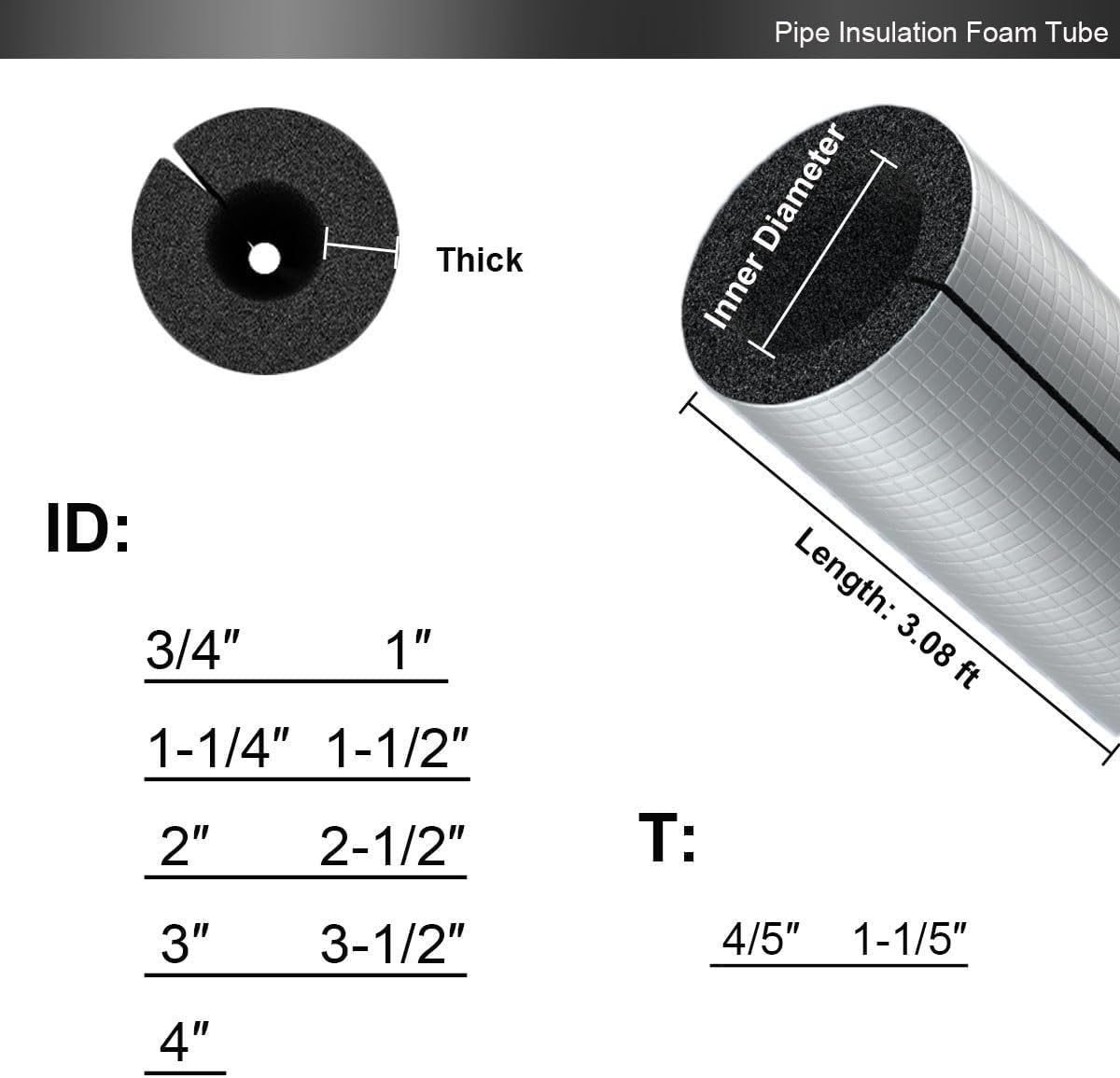 Tubo isolante per tubi in schiuma autoadesiva ad alta densità da 1,9 cm a 10,2 cm ID - Copertura per tubi ignifuga e impermeabile (ID 2-1/2 ″xT 1-1/5 ″)