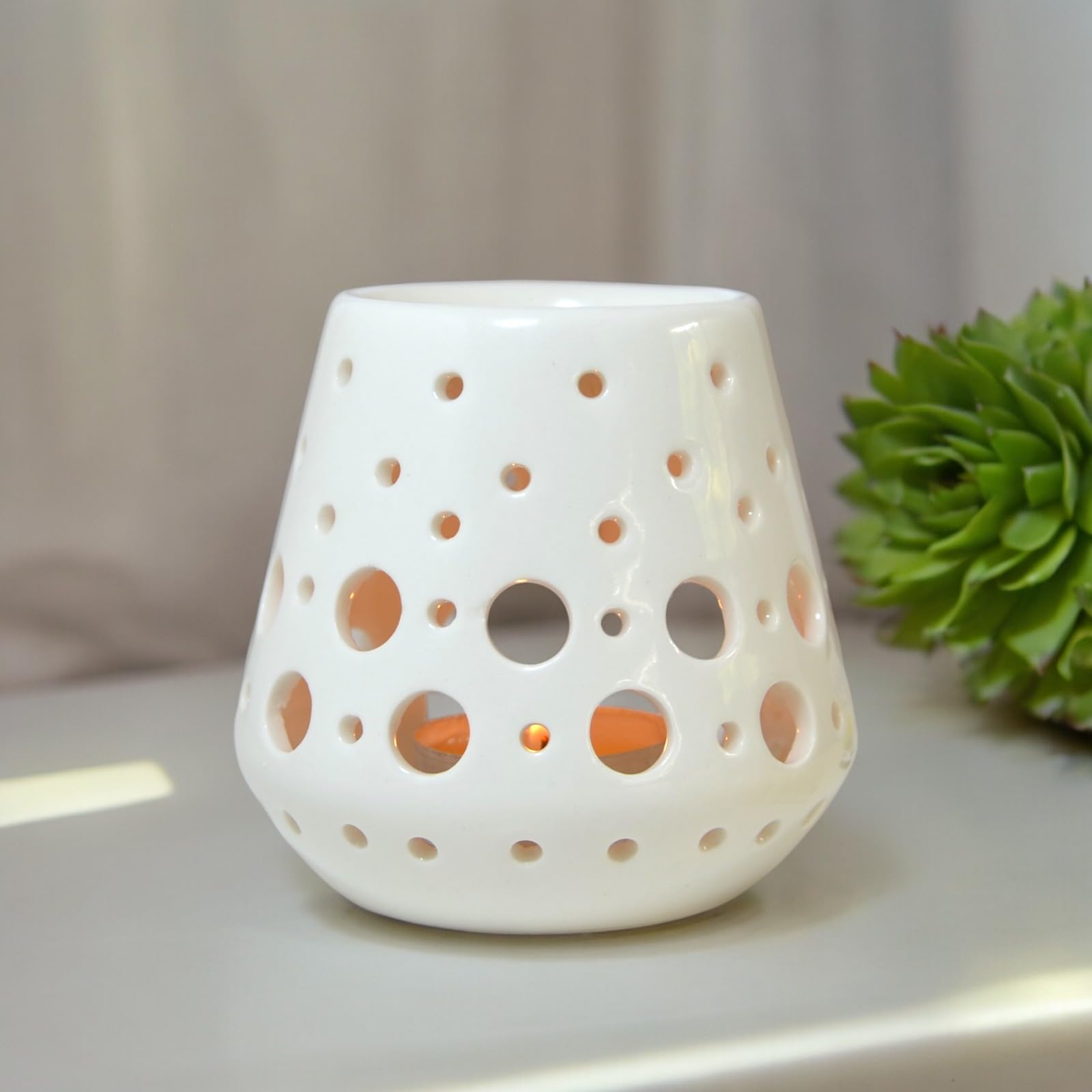 Zen'Arôme - Quemador de Perfume, Cera aromática, difusor para aceites y fragancias, portavelas, aromaterapia, de cerámica con proyección de luz, 9 cm de Alto, Color Blanco