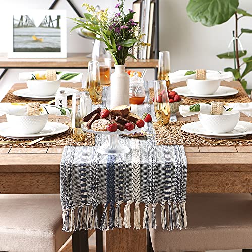 DII Farmhouse Braided Stripe Table Runner Collection, 15x72 (15x77, Fringe Included), French Blue by DII - Image 6
