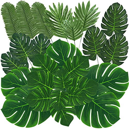 QUANQIUFEI 100 Pcs 9 Kinds Artificial Palm Leaves, Monstera Gold Faux Leaves for Safari, Jungle, Hawaiian, Luau Party Table Decoration (Color B)