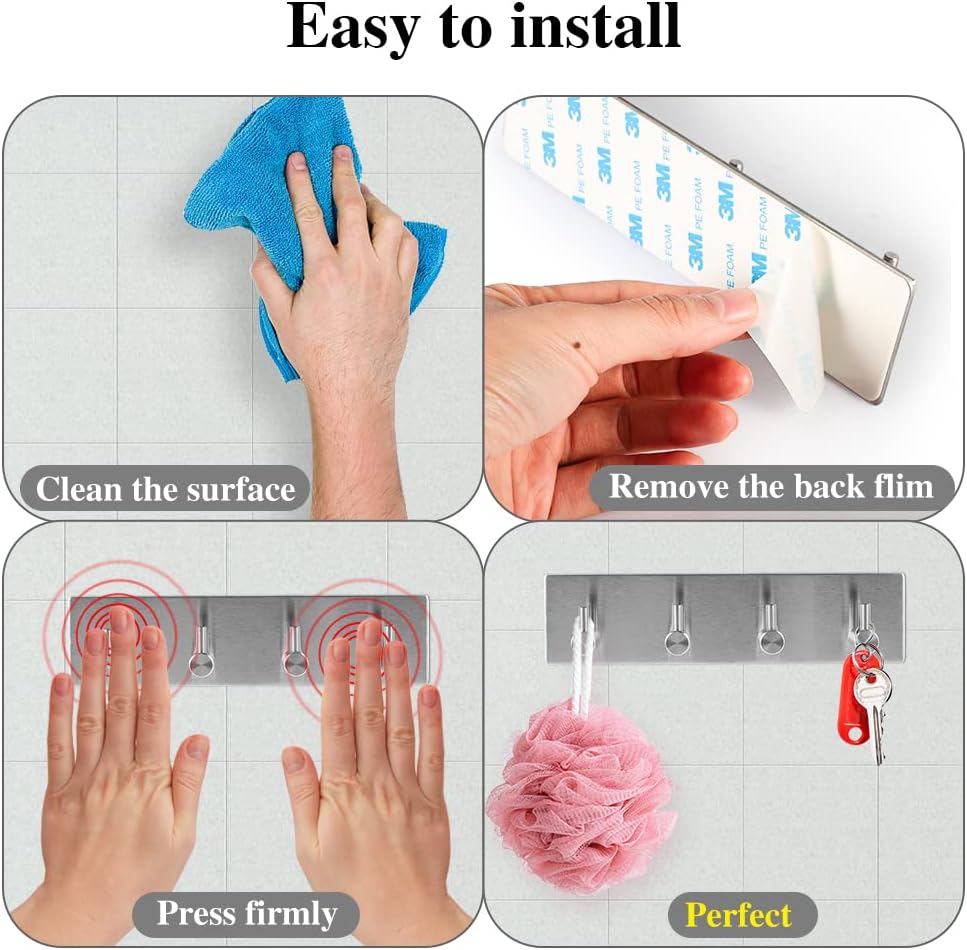 Picowe Key Holder for Wall Decorative, Adhesive Stainless Steel Key Hooks, Key Hanger Key Organizer for Wall, Towel Hook Coat Hanger for Entryway Hallway Kitchen(Four Rows,Sliver 1PCS) - Image 7