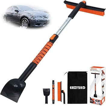 Eazy2hD 3 in 1 Silicone Snow Brush with Ice Scrapers, 39.37" Extendable Window Ice Removal with Squeegee for Windshield, 360 Pivoting Brush Head Cleaner Tool for Car, Truck, SUV