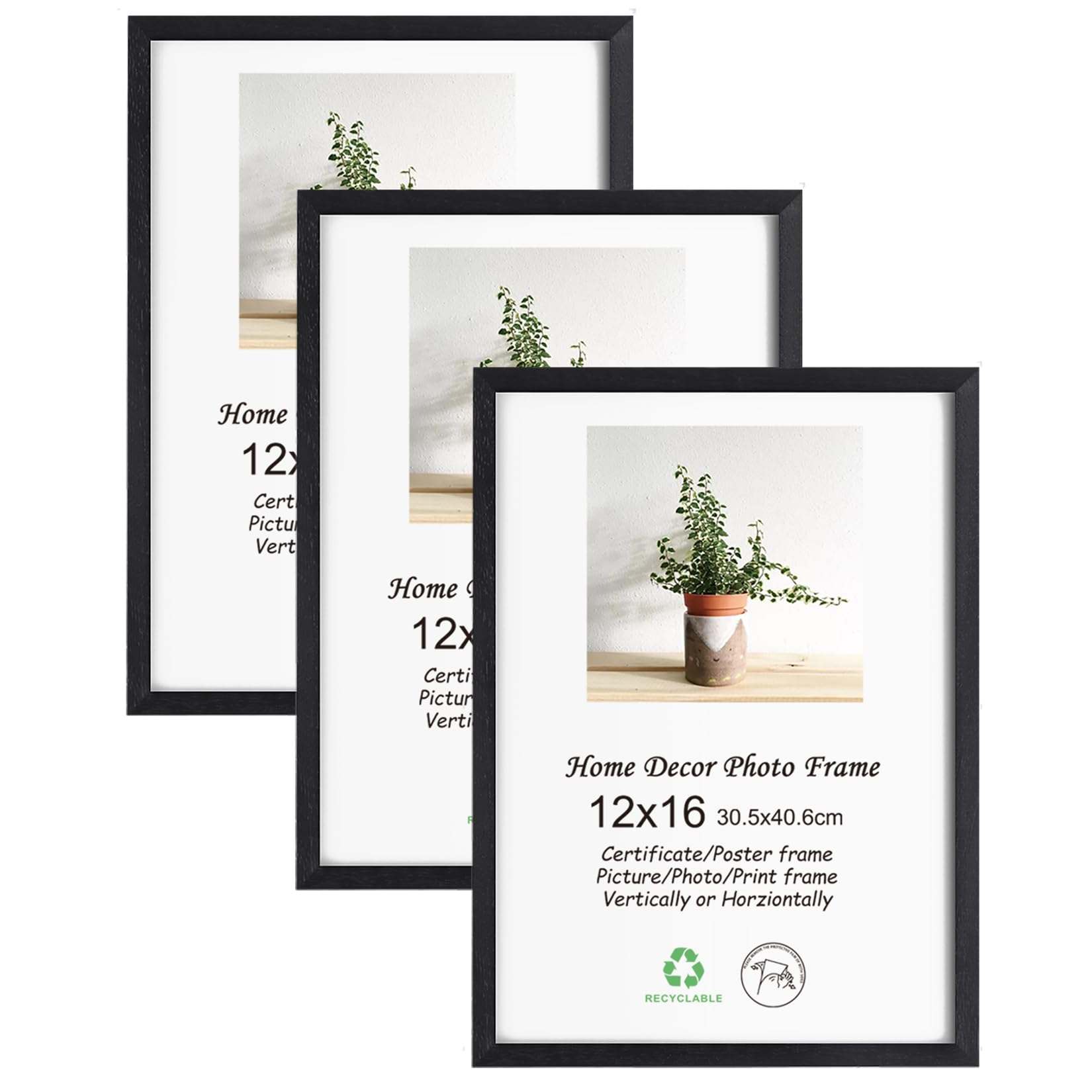 LYYYXGYP 12x16 Black Wood Picture Frame 3 Pack Wooden Photo Certificate Natural Solid Wood Frame Gallery Poster Frame with Plexiglass for Wall Hanging