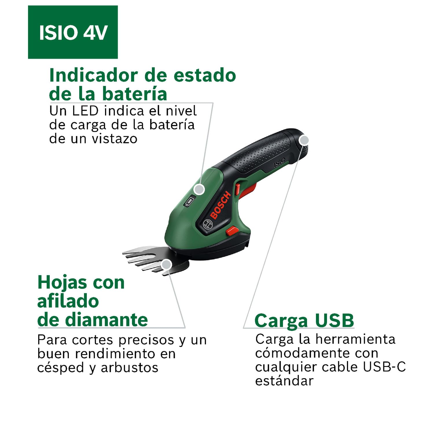 Bosch Tijera cortacésped y cortasetos a batería ISIO 4V | 2 cuchillas, batería de 4 V, sin cable ni cargador