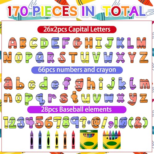 170 Pcs Back to School Crayon Bulletin Board Decoration Letters Numbers Alphabet Cutouts Colorful Crayon Bulletin Board Letters for Home School Classroom Party Favor - Image 3