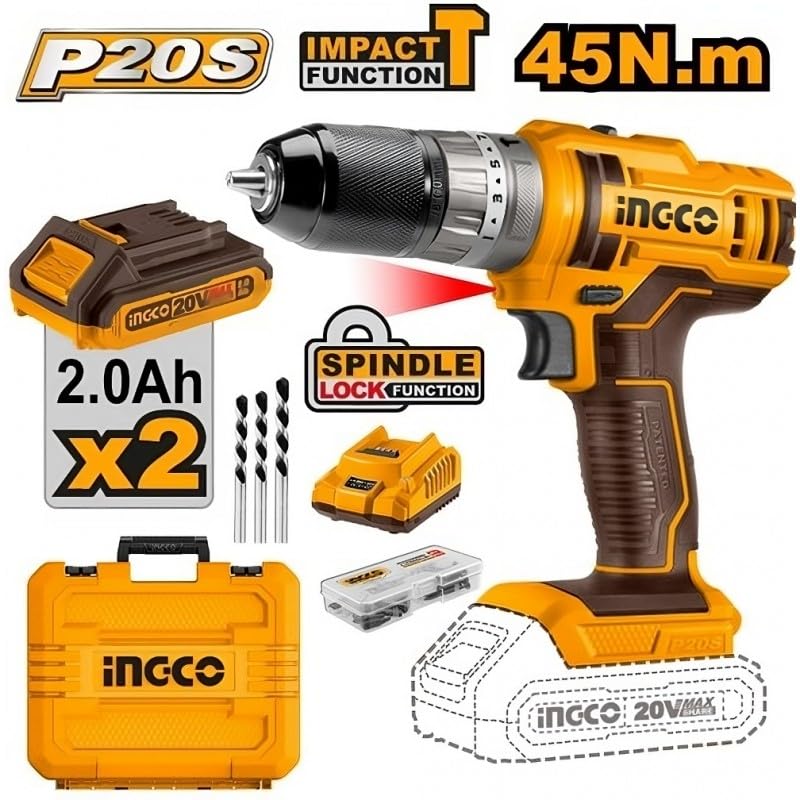 TALADRO ATORNILLADOR LI-ION 20V Incluye cargador y 2 baterías 2 Ah