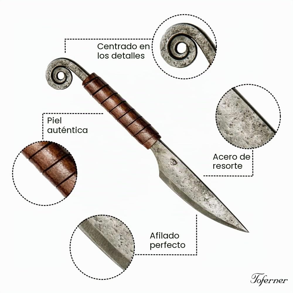 Toferner Cuchillo de acero para letras forjado a mano vintage hoja puntiaguda ultra afilada con estuche de cuero