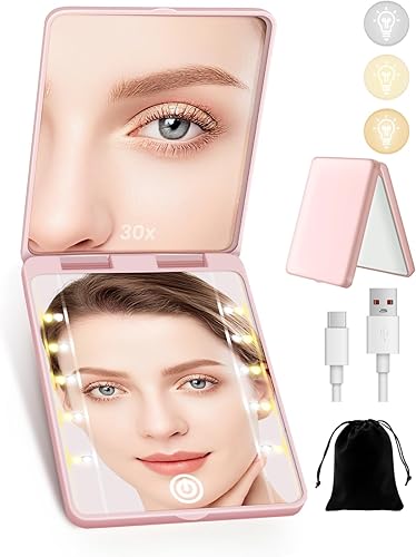 SisKokoro Compact Mirror, Rechargeable 30X Magnifying Mirror with 3 Lighting Modes & Dimmable Brightness, Portable Travel Makeup Mirror with Light, Essentials for Travel, Pocket, Purse Pink