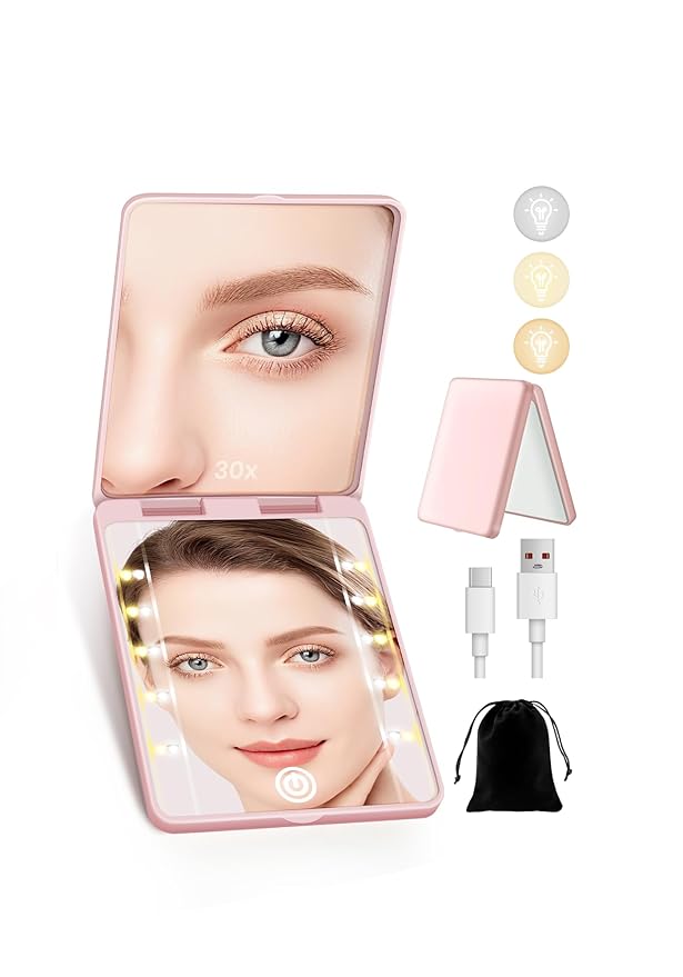 Compact Mirror, Rechargeable 30X Magnifying Mirror with 3 Lighting Modes & Dimmable Brightness