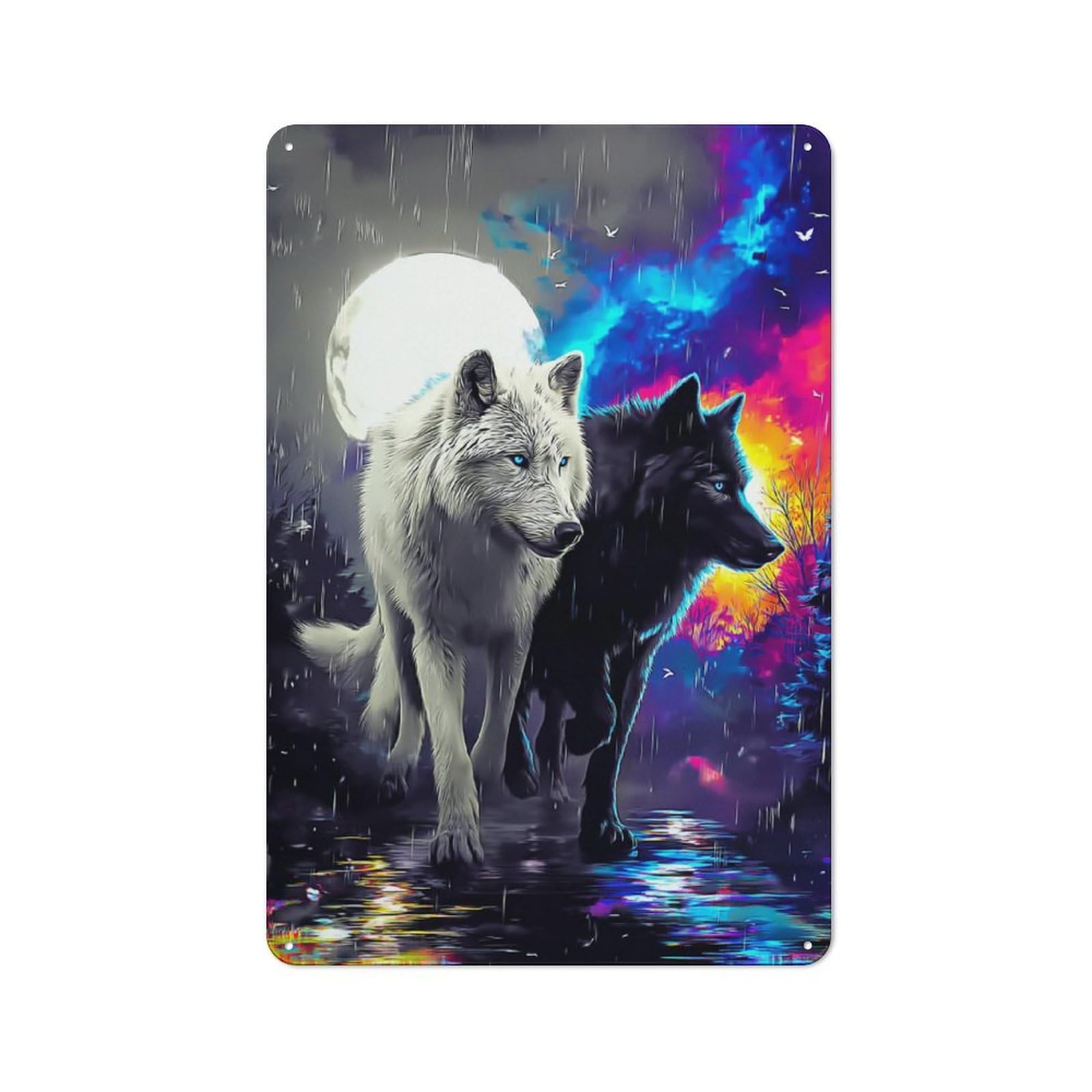 Junmoney Two Wolves Under The Moonlit Sky Industrial Metal Wall Sign 30X20cm Featuring Urban Room Decor For Loft, Studio, Office Or Creative Room