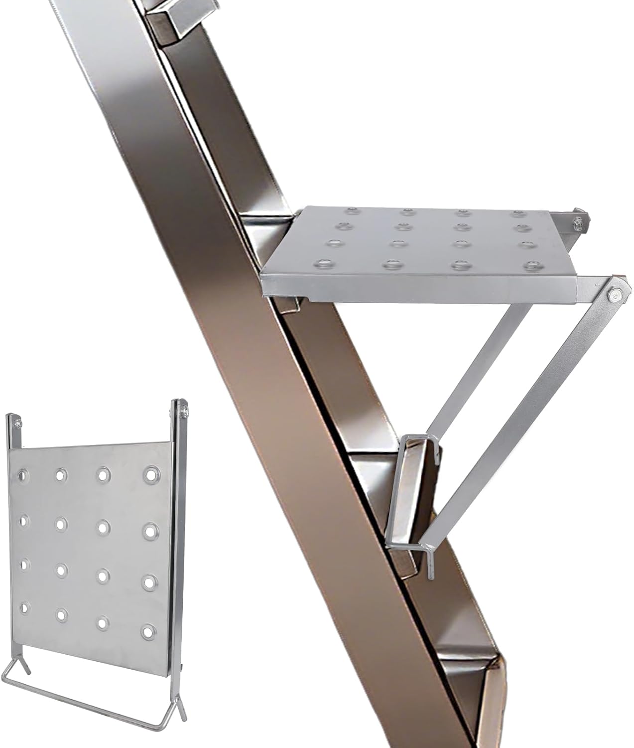 Foldable Ladder Platform, Anti-Slip Stable Work Platform Attachment Tool Tray for Step/Extension Folding Ladders Tool Accessories for Painters & DIY 300 lbs Capacity (Silver)