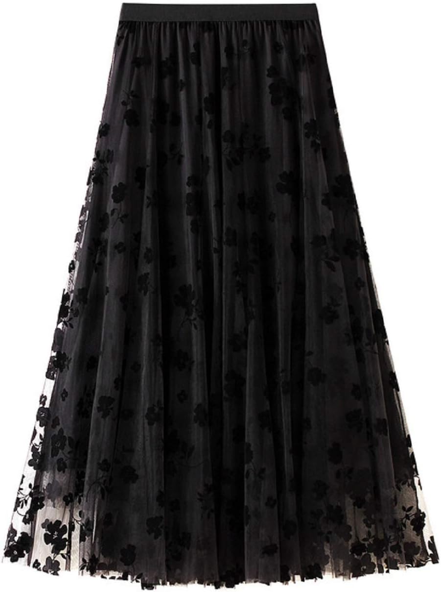 CHARTOU Women's Elastic High Waist Tulle Ruffle Pleated A-Line Swing Midi Skirt