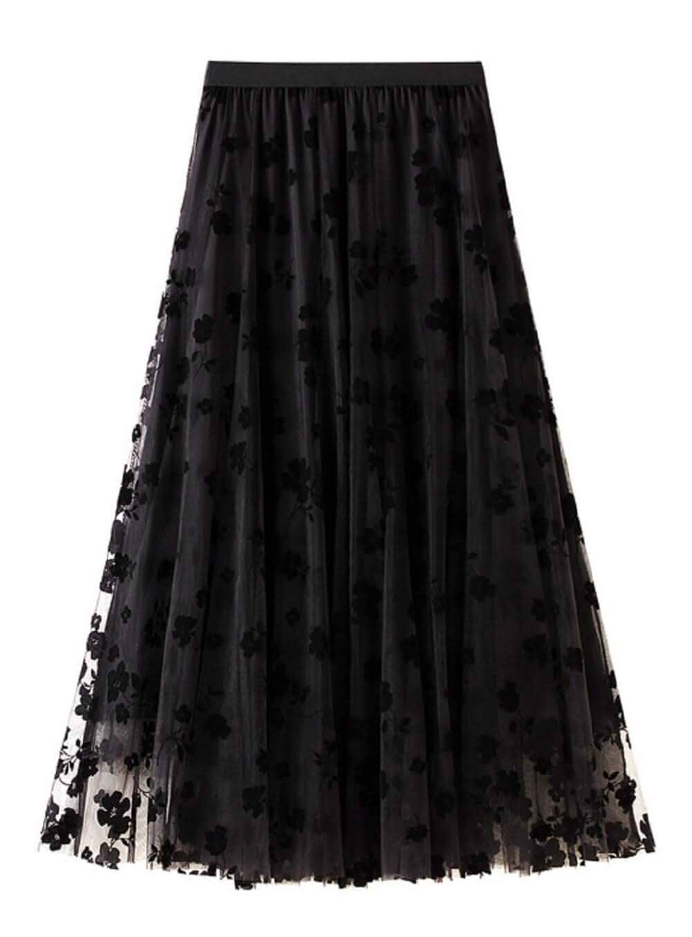 CHARTOU Women's Elastic High Waist Tulle Ruffle Pleated A-Line Swing Midi Skirt