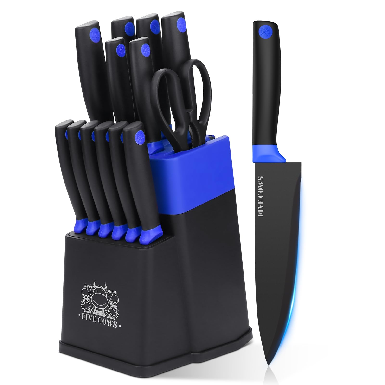 FIVE COWS Messerblock Set, mit 14-teilige, Küchenmesser Set, mit Selbstschärfender Messerblock, mit steakmesser und Schere, Beschichtung verhindert Oxidation, professionelles Set für Zuhause (Blau)