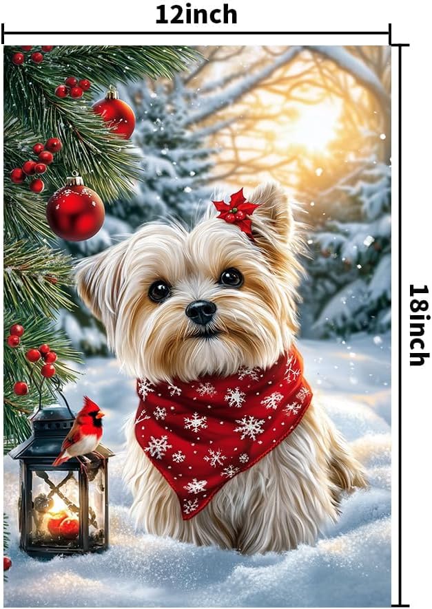 Merry Christmas Yorkie Dog Garden Flags 12x18 Double Sided, Small Burlap Outdoor Vacation Farmhouse Rustic Snow Garden Flag Winter Xmas Decorations Yard Lawn Flags for Outside Home - Image 6