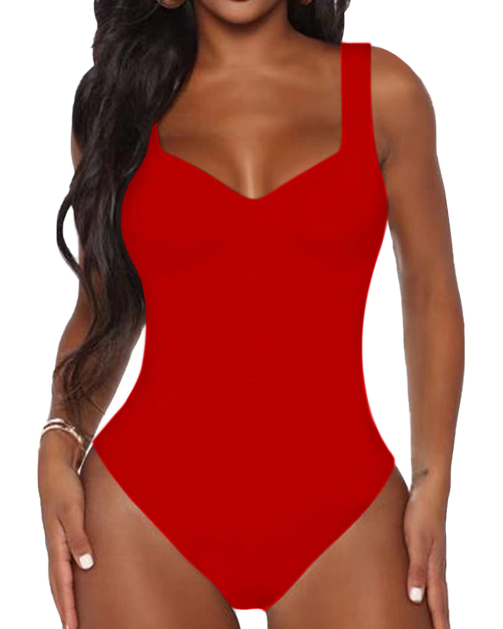 Women's Sweetheart Square V Neck sleeveless Tank Tops Bodysuits, Red, Small-image-34